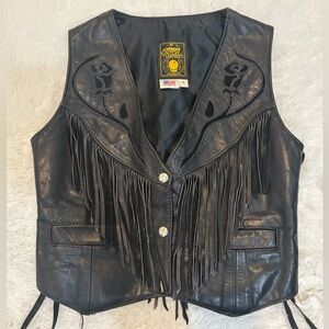 Gypsy Leather Vintage Leather Fringe Biker Vest Roses Embellishments Size 8